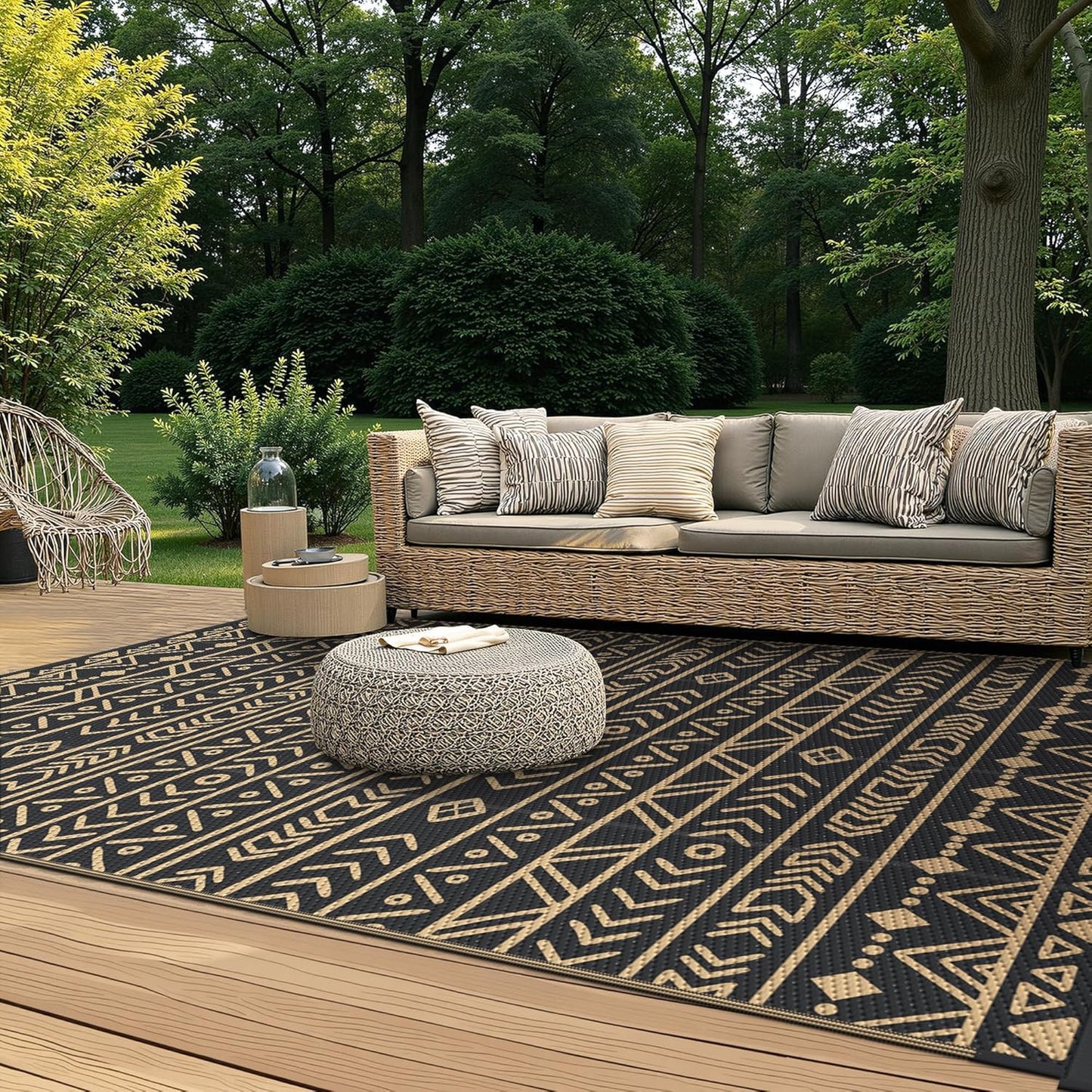 GENIMO Outdoor tapijt, 244 x 305 cm, waterdicht, omkeerbaar, Boheems design, zwart en bruin, voor tuin, groot terras, evenementen, extra groot