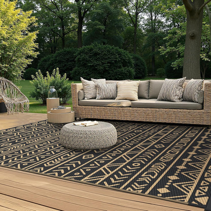 GENIMO Outdoor tapijt, 244 x 305 cm, waterdicht, omkeerbaar, Boheems design, zwart en bruin, voor tuin, groot terras, evenementen, extra groot
