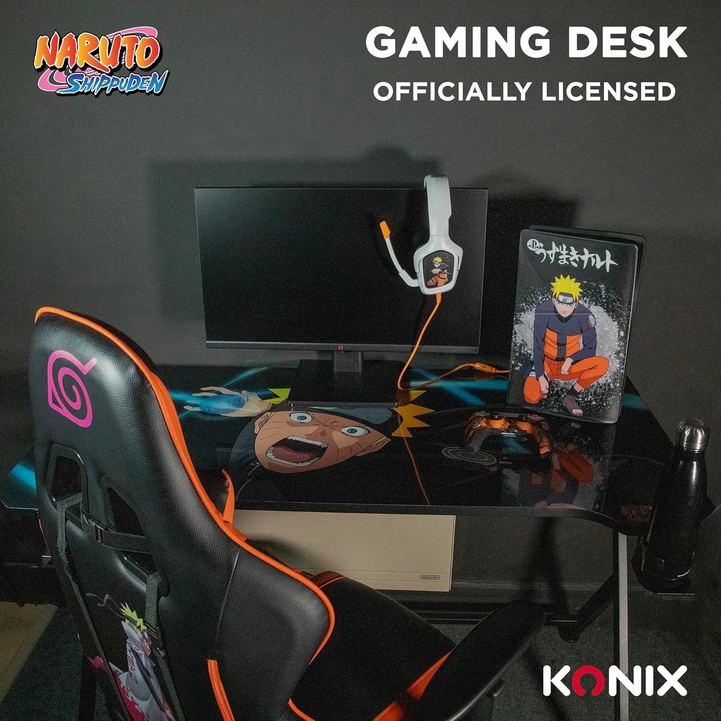 Konix Naruto Shippuden Gamingtafel, 121 x 69 x 76 cm, Y-vorm, houten en metalen tafel, bekerhouder, oortelefoonhouder, Naruto gazonmotief