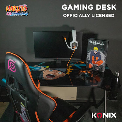 Konix Naruto Shippuden Gamingtafel, 121 x 69 x 76 cm, Y-vorm, houten en metalen tafel, bekerhouder, oortelefoonhouder, Naruto gazonmotief