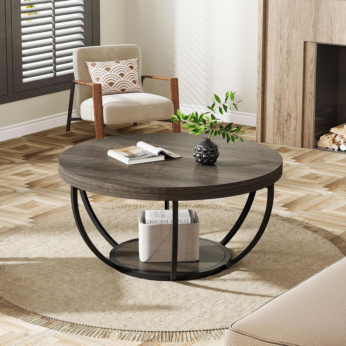 Tribesigns Round Coffee Table, 80.5cm Wooden 2-Tier Circle Coffee Table with Storage Shelves, Modern Accent Cocktail Table Center Table for Living Room, Grey