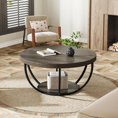 Tribesigns Round Coffee Table, 80.5cm Wooden 2-Tier Circle Coffee Table with Storage Shelves, Modern Accent Cocktail Table Center Table for Living Room, Grey