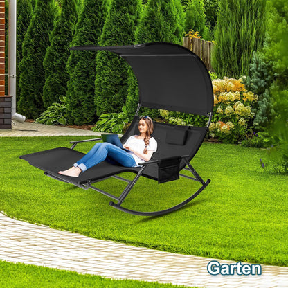 Dubbel ligbed voor buiten, schommelstoel voor 2 personen tot 250 kg, zonneligstoel met zonnedak en tas, ademend weefsel, antraciet voor tuin, balkon en terras - QUORE