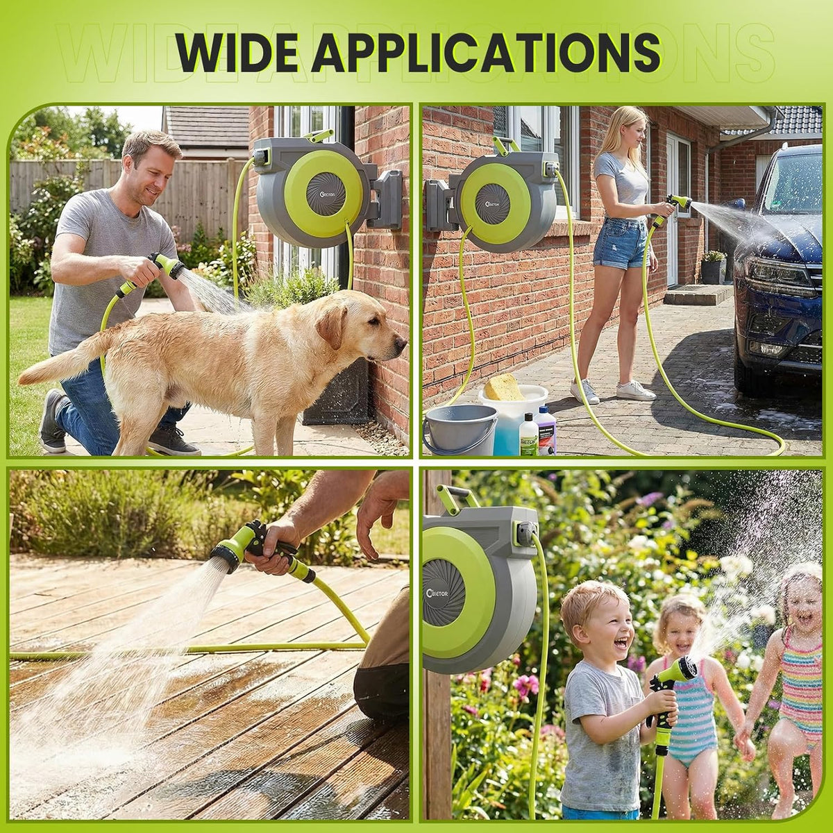 Intrekbare tuinslanghaspel wandmontage, zware waterslanghaspel 40 m+2 m, met 9 patronen slangmondstuk, langzaam retoursysteem, elke lengte slot, 180 ° draaibare beugel