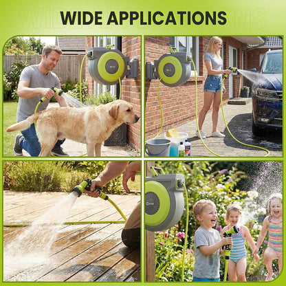 Intrekbare tuinslanghaspel wandmontage, zware waterslanghaspel 40 m+2 m, met 9 patronen slangmondstuk, langzaam retoursysteem, elke lengte slot, 180 ° draaibare beugel