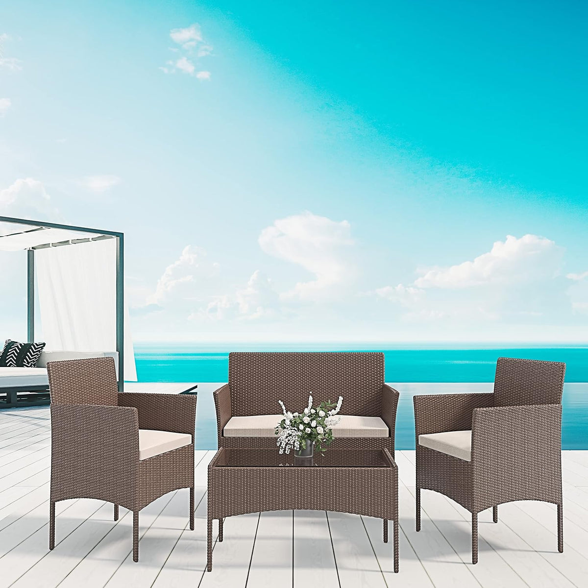 Arreditaly Tuinmeubelset, woonkamer, rotan, 4-zits met tafel en glazen rek, 2 stoelen en bank, 2-zits voor tuin, buitenzwembad, afneembare kussens (bruin)