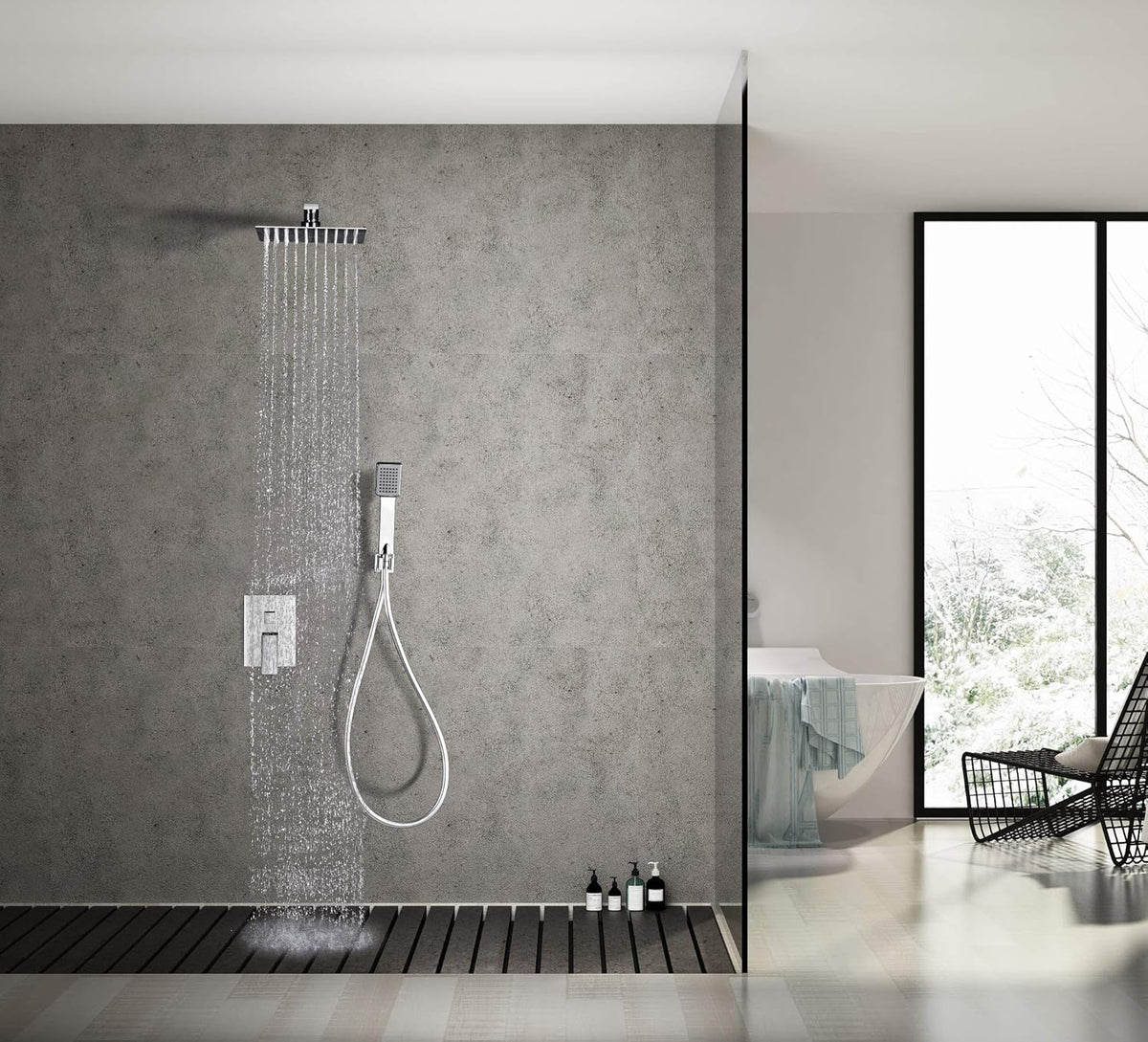Douche Set – Regendouche – Handdouche – Kraan – Douchekraan – Vierkante Hoofddouche 25x25 cm – Verchroomd Messing – Instelbare Waterdruk 6 Bar