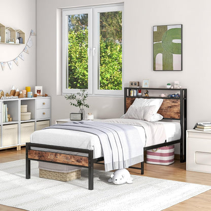 HOJINLINERO Bedframe met lattenbodem, eenpersoonsbed van metaal, 90 x 200 cm, bed met houten opbergruimte, hoofdeinde, logeerbed, tienerbed, dagbed, bedframe, zwart