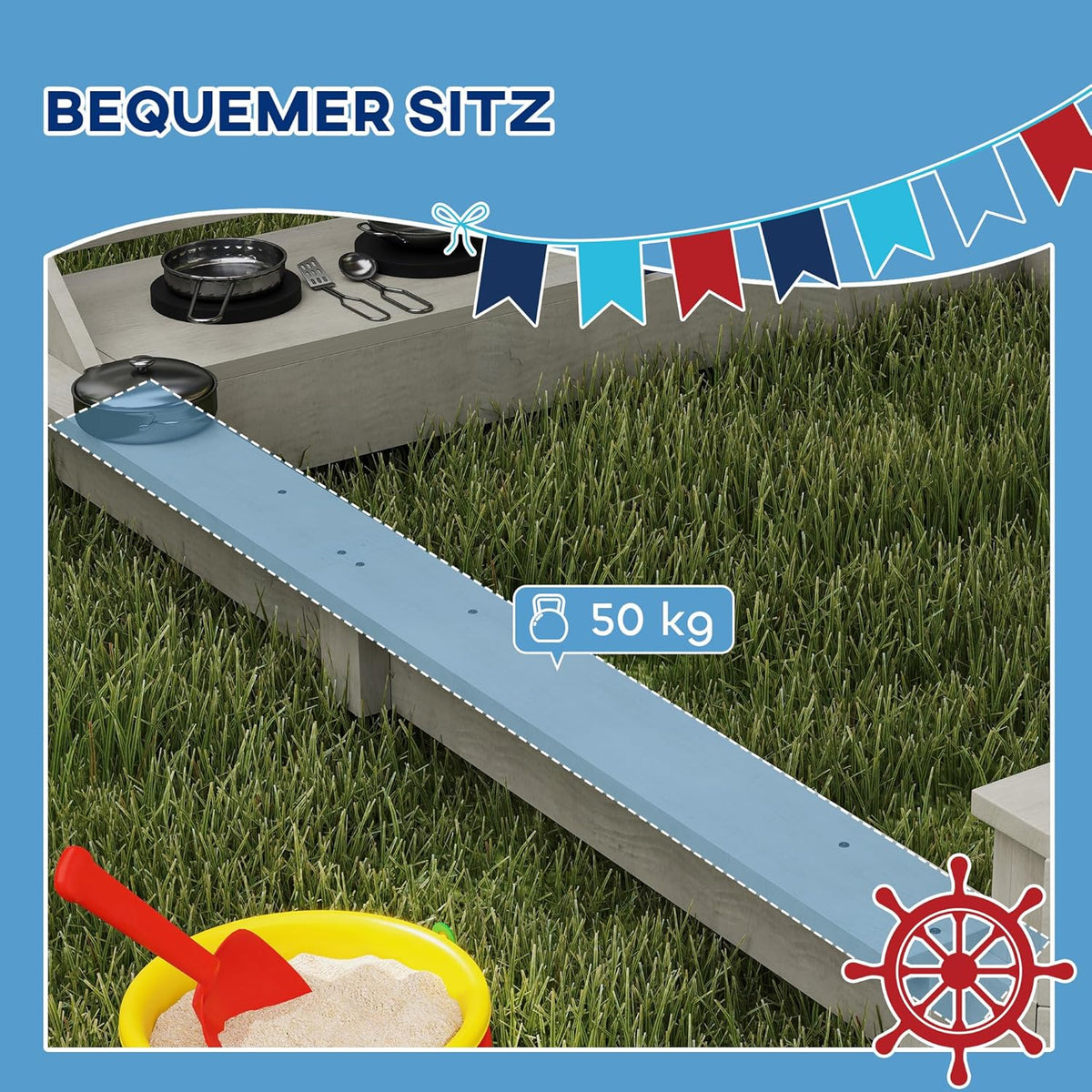 Outsunny Sandkasten Sandkiste groß mit Abdeckung im Schiff Design Matschekiste aus Holz Segelschiff Spielhaus mit Küchenspielset Aufbewahrung für Kinder 3-7 Jahre Grau 180 x 103 x 144 cm