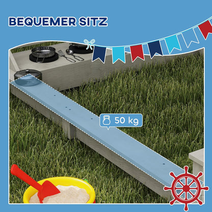 Outsunny Sandkasten Sandkiste groß mit Abdeckung im Schiff Design Matschekiste aus Holz Segelschiff Spielhaus mit Küchenspielset Aufbewahrung für Kinder 3-7 Jahre Grau 180 x 103 x 144 cm