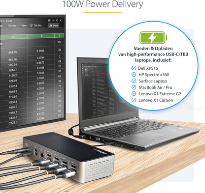 StarTech.com USB-C Dock, 4K 60Hz Quad Monitor DisplayPort & HDMI, Universeel USB Type-C Docking Station met 100W Power Delivery, USB Hub met 1x USB Type-C & 3x USB-A, Ethernet, Audio