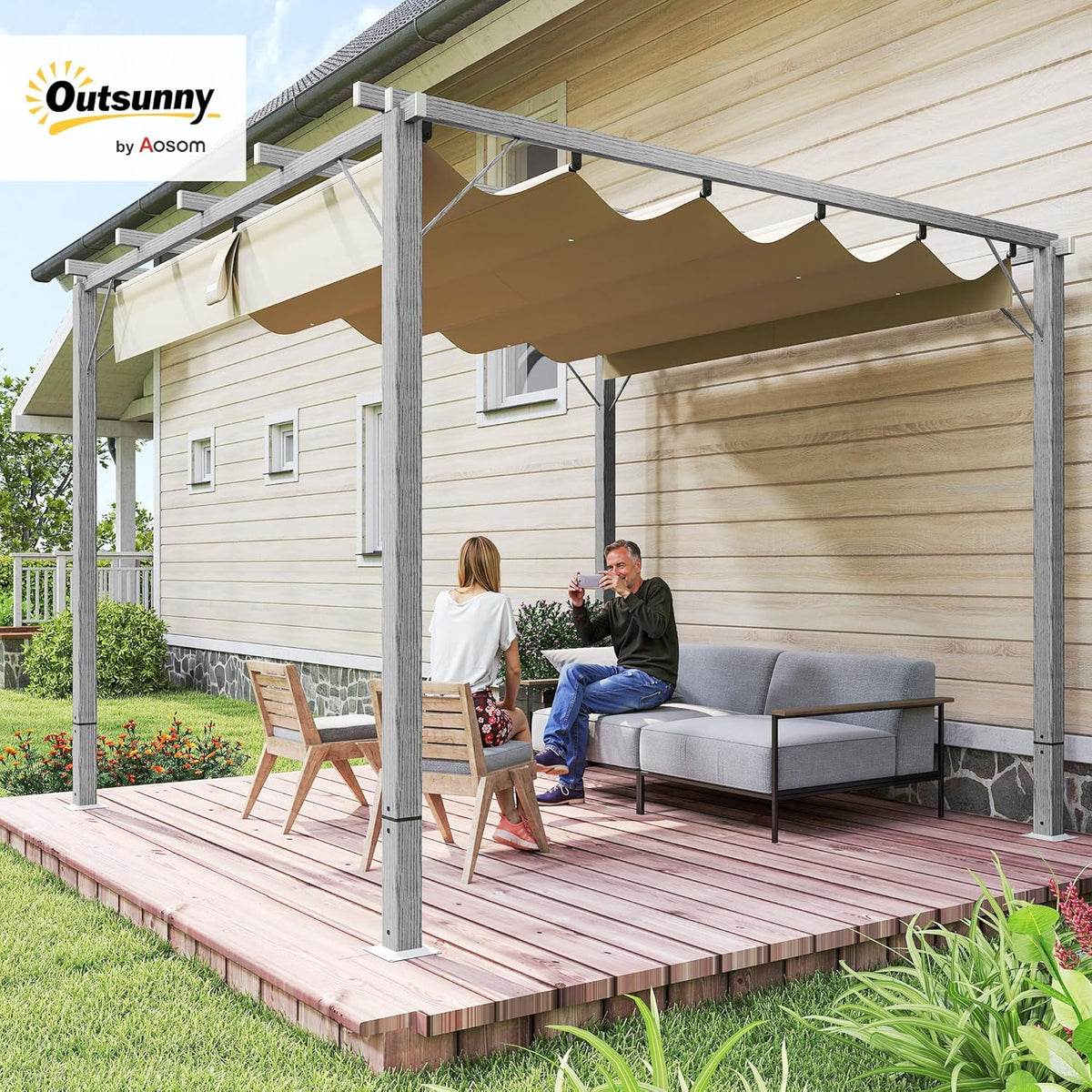 Outsunny Pergola in approx. 3x3m Garten Pavillon mit magnetischen Pad, Terrassendachung aus Aluminium, Gartenpavillon mit verstellbares Dach, Freistehend, UV Schutz 30+, für Terrasse und Garten, Grau - QUORE