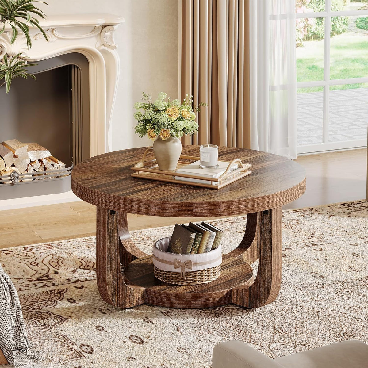 Tribesigns Round Coffee Table, 2-Step Round Coffee Table with Storage Space, 80 cm, Modern Accent Table Made of Wood for Living Room, Thick Table Top and Base, Rustic Brown