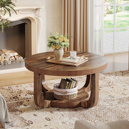 Tribesigns Round Coffee Table, 2-Step Round Coffee Table with Storage Space, 80 cm, Modern Accent Table Made of Wood for Living Room, Thick Table Top and Base, Rustic Brown