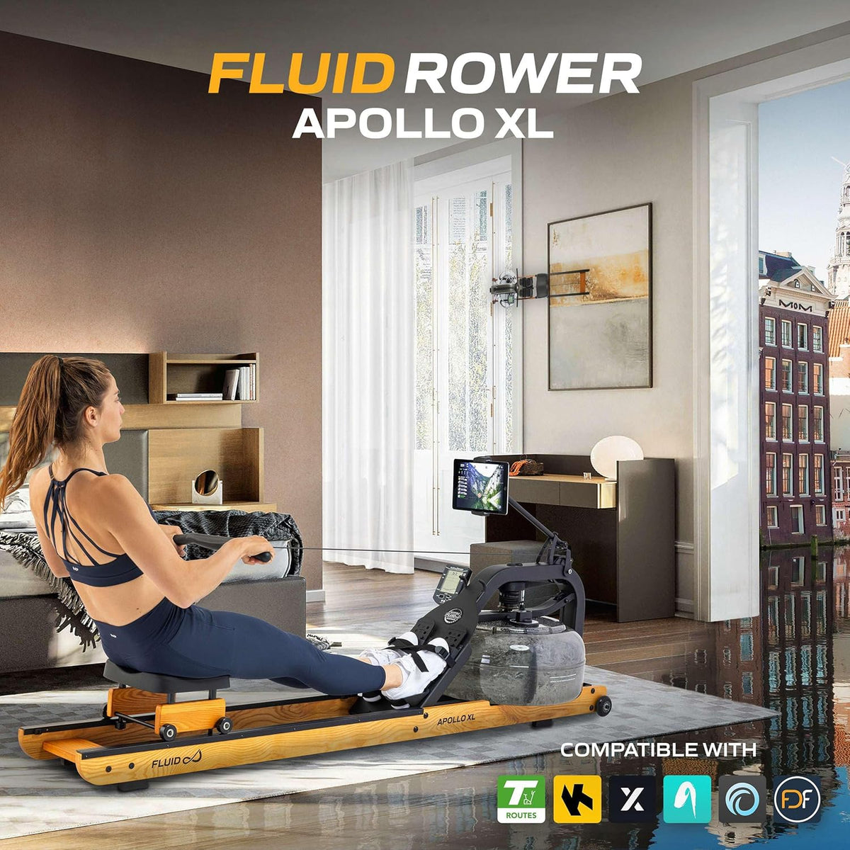 Fluid Rower Apollo XL - Rowing machine with 10 resistors - Heart rate monitor - Water resistance - Rowing machine for home - Color: Beech - QUORE