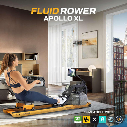 Fluid Rower Apollo XL - Rowing machine with 10 resistors - Heart rate monitor - Water resistance - Rowing machine for home - Color: Beech - QUORE