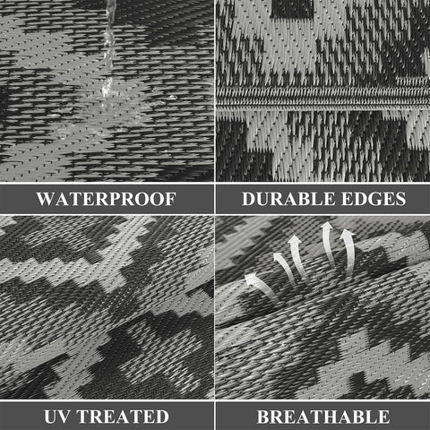 Buiten Vloerkleed - Buitenkleden - Buitentapijt - Opvouwbaar - UV-bestendig - Waterdicht - Buitenmatten - voor Buiten - Balkon - Strand - Picknick -Terras - Rechthoekig - 240 x 300 cm - Zwart/Grijs