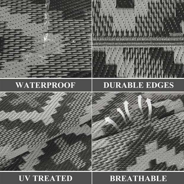 Buiten Vloerkleed - Buitenkleden - Buitentapijt - Opvouwbaar - UV-bestendig - Waterdicht - Buitenmatten - voor Buiten - Balkon - Strand - Picknick -Terras - Rechthoekig - 240 x 300 cm - Zwart/Grijs