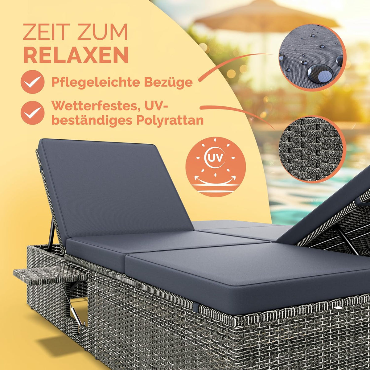 CASARIA® Double Lounger Polyrattan 200x115cm Adjustable Tables Double Lounge Sofa Sun Lounger Garden Grey/Anthracite - QUORE