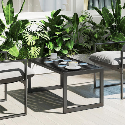 Outsunny Beistelltisch mit Lamellendesign Balkontisch aus Aluminium Kaffeetisch wetterfest Gartentisch pflegeleicht Sofatisch Outdoor Tisch für Balcony Garten Terrasse 90 x 50 x 42 cm Schwarz