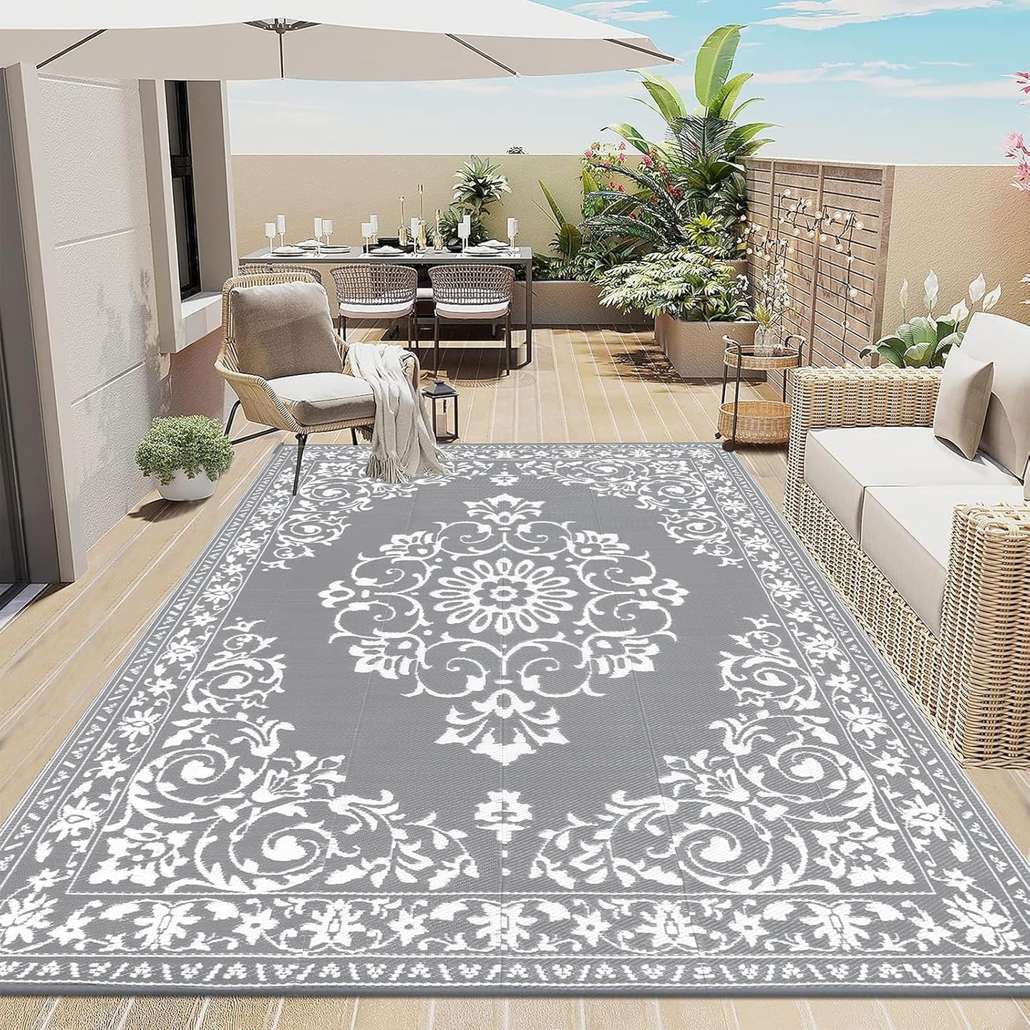 Buiten Vloerkleed - Buitenkleden - Buitentapijt - Opvouwbaar - UV-bestendig - Waterdicht - Omkeerbaar - Buitenmatten - voor Buiten - Balkon - Strand - Picknick -Terras - Rechthoekig - 240 x 300 cm - Grijs