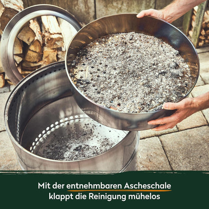 Vuurschaal roestvrij staal BURNHARD® rookarm, secundaire verbranding, steeksysteem, uitneembare aslade, draagtas – Sfeervol vuur