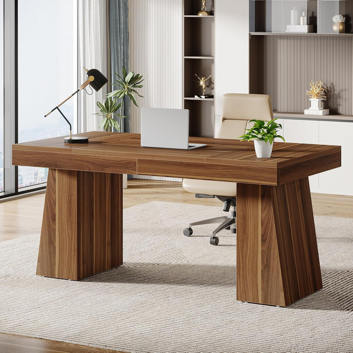 Tribesigns 55 inch Executive Desk, Mid-Century Modern Home Office Desk with Double Trapezoid Base, Wooden Computer Desk Business Workstation Desk Small Conference Table, Brown