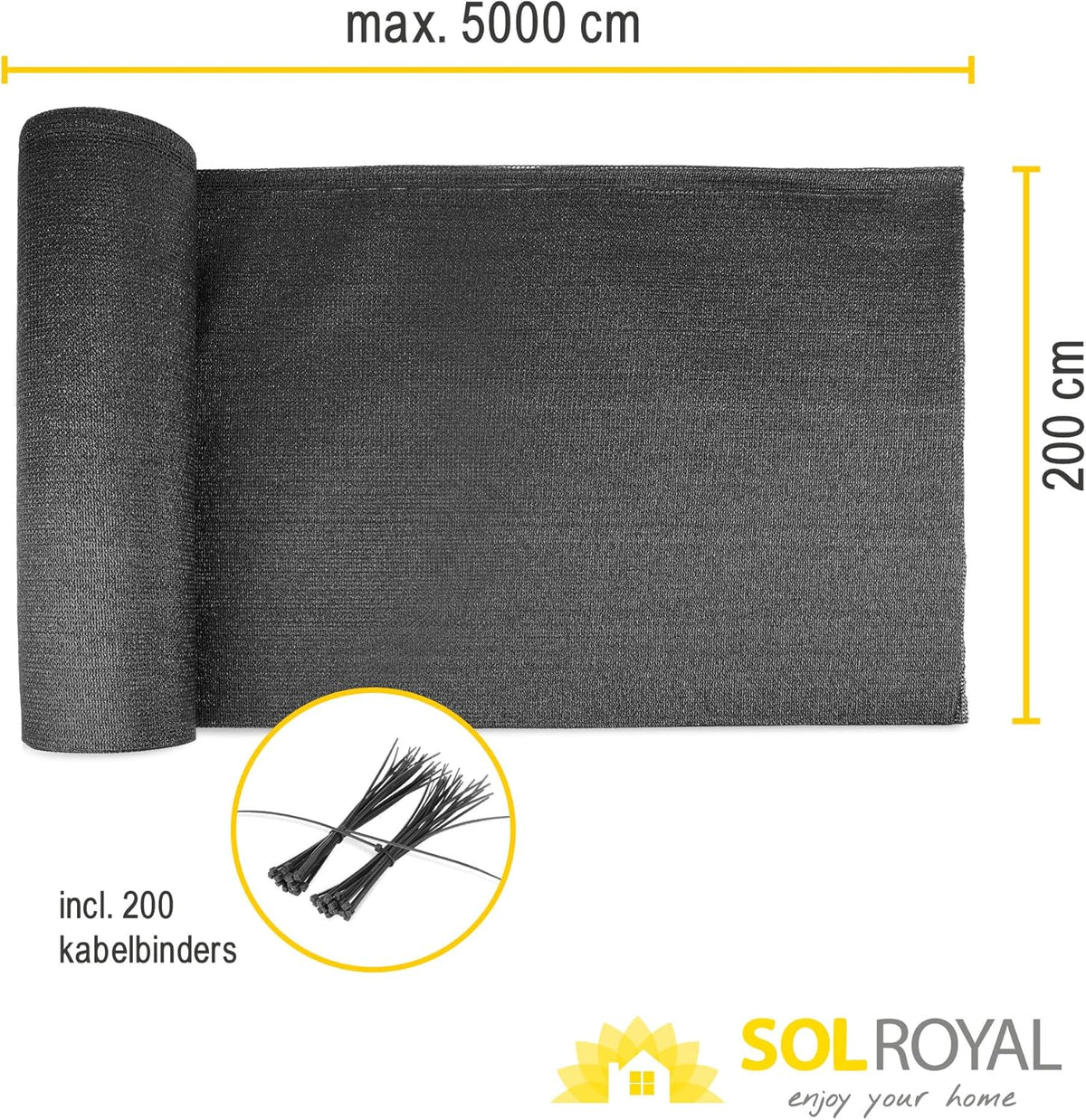 Sol Royal Zichtbreeknet Antraciet SG 80 Balkonscherm Zichtdoek 5000x200cm - Omheining 165 g/m² - Balkondoek Tuinnet zonwerend HDPE - Inclusief Kabelbinders