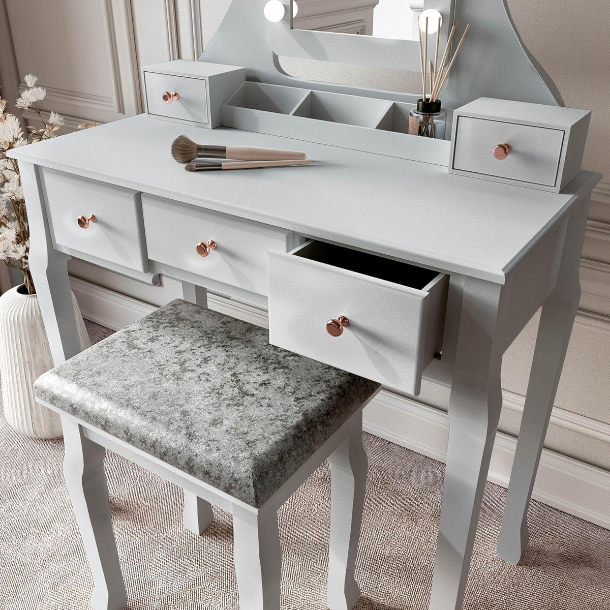 Grey Dressing Table with Hollywood Lamps Mirror Drawers and Padded Stool Set - QUORE