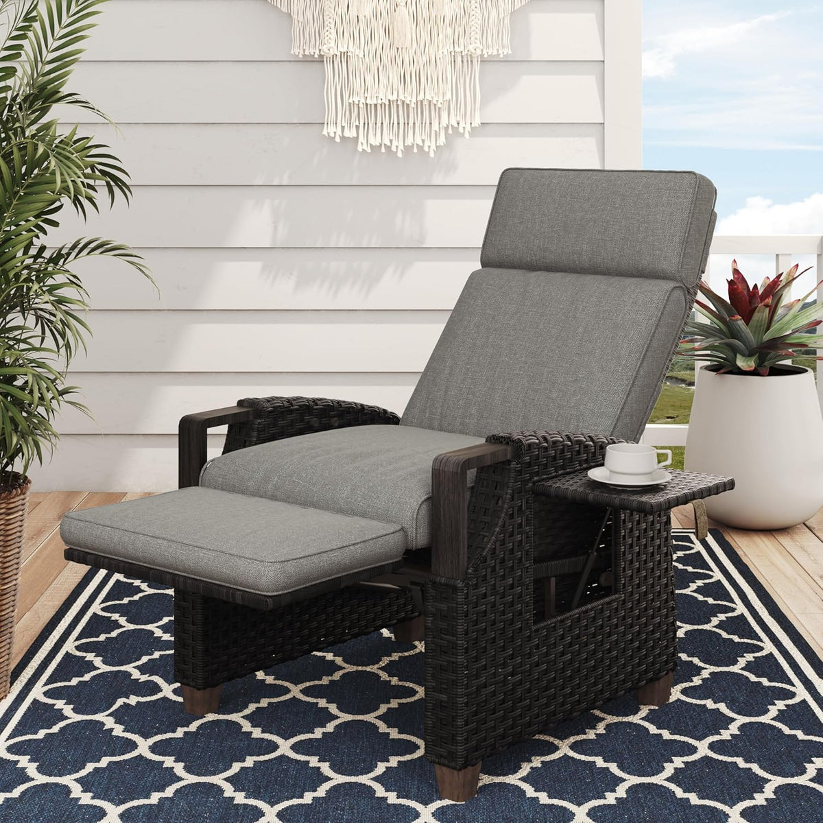 Grand patio Recliner Lounger with Seat Cushion Armrest Chair Adjustable Backrest Rattan Sun Lounger for Indoor Outdoor Use Dark Grey Dark Grey Seat Cushion and Brown Rattan - QUORE