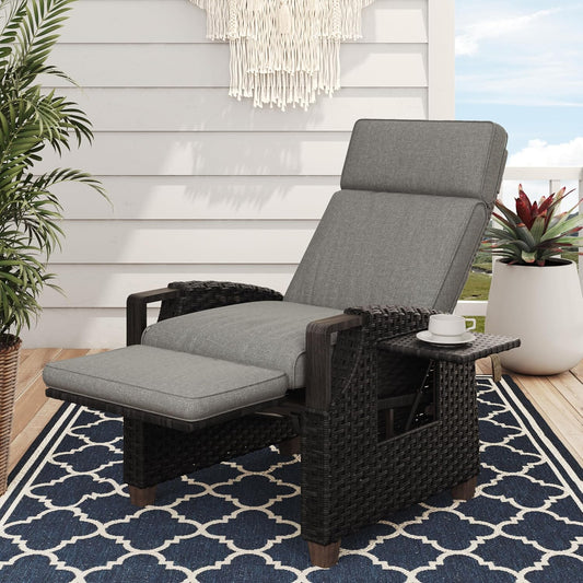 Grand patio Recliner Lounger with Seat Cushion Armrest Chair Adjustable Backrest Rattan Sun Lounger for Indoor Outdoor Use Dark Grey Dark Grey Seat Cushion and Brown Rattan - QUORE