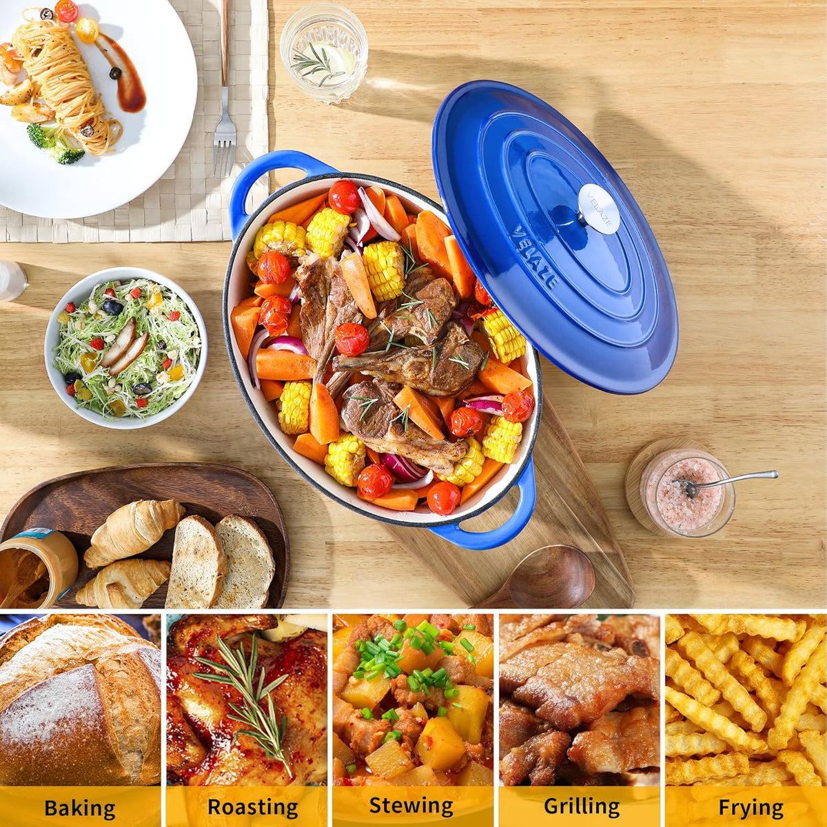 Velaze Cast Iron Casserole with Lid, 34 cm Oval Enamel Pan, 7 L Bread Baking Mould, All Heat Source Stewpan, Blue - QUORE