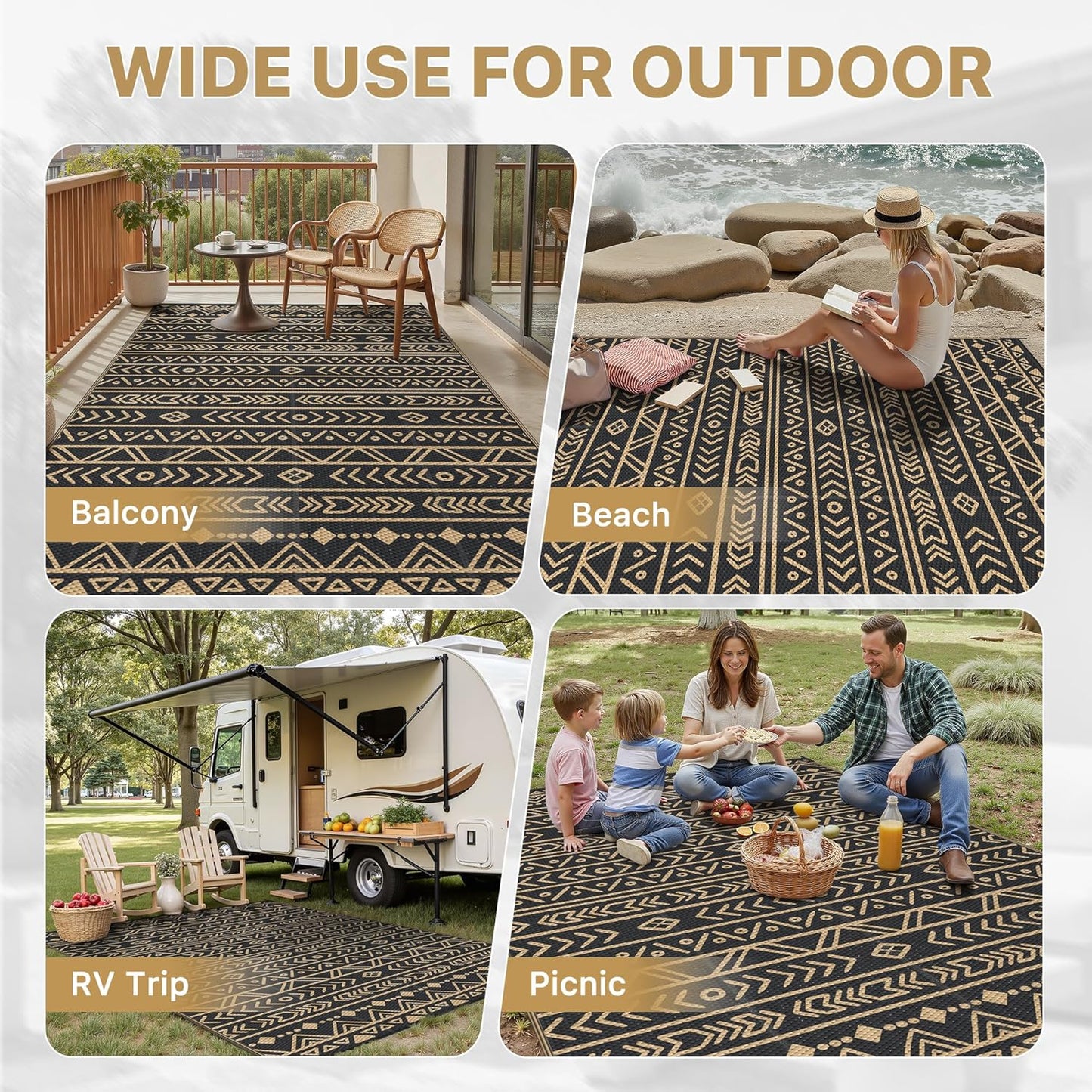 GENIMO Outdoor tapijt, 244 x 305 cm, waterdicht, omkeerbaar, Boheems design, zwart en bruin, voor tuin, groot terras, evenementen, extra groot