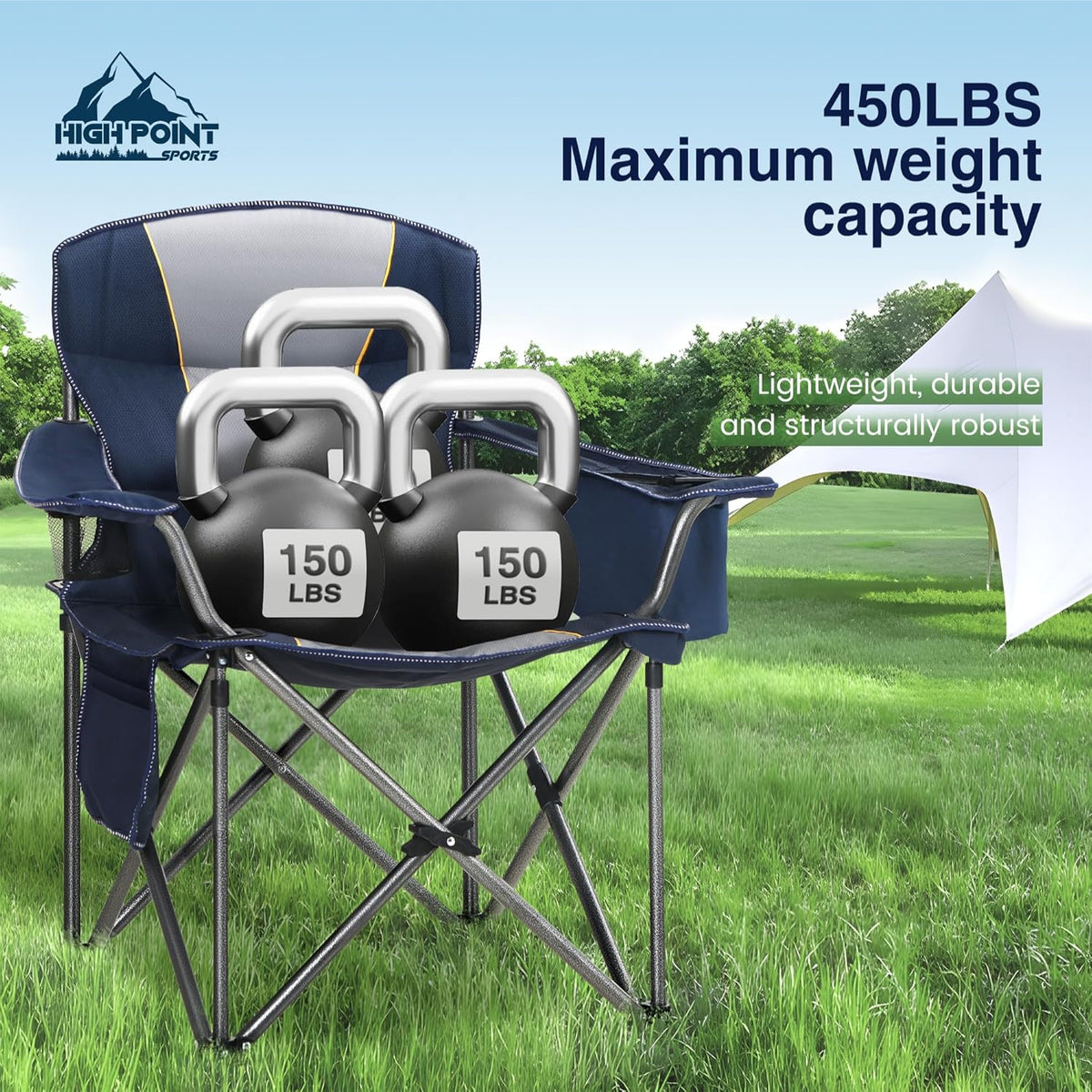 HIGH POINT SPORTS Klapstoel Camping Oversized Opvouwbare Campingstoel Maximale belasting: 200 kg met koeltas, armleuning, bekerhouder, gevoerd, draagbaar, blauw, 2 stuks
