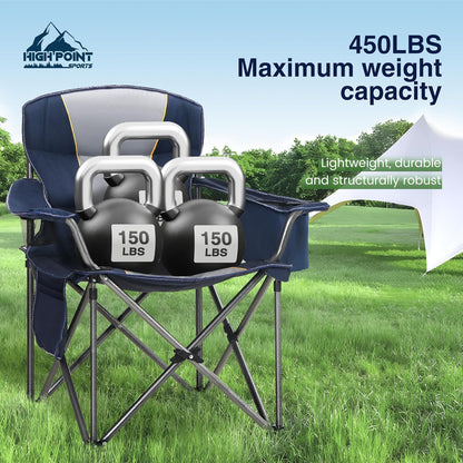 HIGH POINT SPORTS Klapstoel Camping Oversized Opvouwbare Campingstoel Maximale belasting: 200 kg met koeltas, armleuning, bekerhouder, gevoerd, draagbaar, blauw, 2 stuks