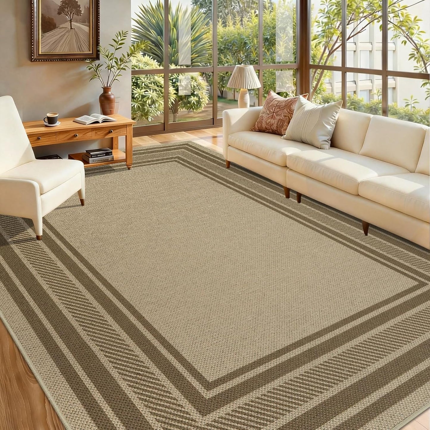 Famibay Tapijten voor woonkamer, groot, 200 x 290 cm, wasbare tapijten voor slaapkamer, jutelook, antislip vloerkleed voor woonkamer, slaapkamer, eetkamer, bruin