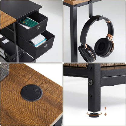 Mondeer Computerbureau, bureau met 2 laden en opbergplank links of rechts, 100 x 50 x 76 cm, industriële stijl, thuiskantoor werkstation studie, rustiek bruin en zwart