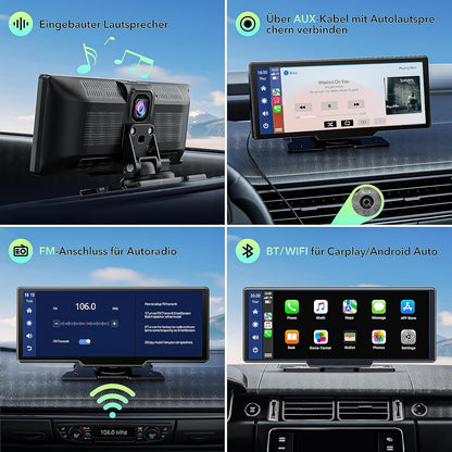Draadloze Apple Carplay & Android Auto Stereo, 9.26" Draagbare Autoradio met 2K Dash Cam Voorkant, 1080P Achteruitrijcamera, Navigatie Apparaten met Siri/Bluetooth/GPS/Google/FM/AUX/Mirror-Link/64G TF
