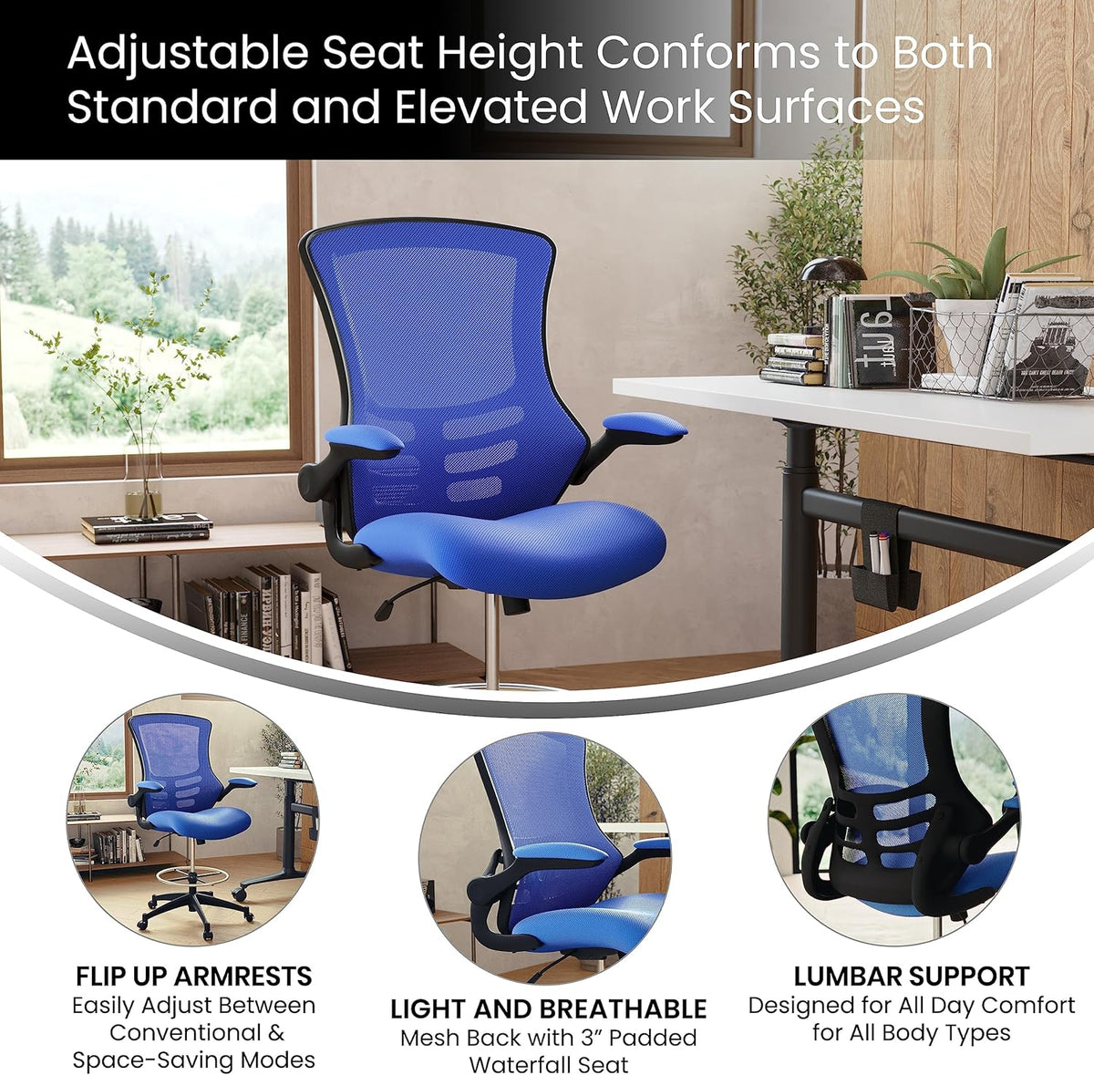 Flash Furniture Tekenstoel met middelhoge rugleuning, ergonomische bureaustoel met opklapbare armleuningen en verstelbare voetring, perfect voor thuiskantoor, blauw