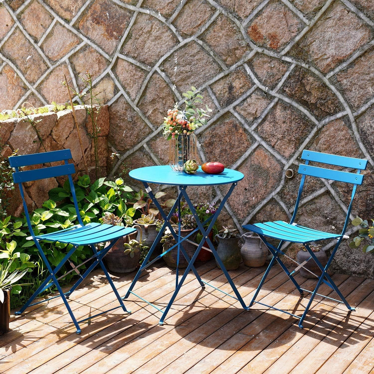 Grand patio Bistro Set 3 stuks, balkonset met 2 stoelen en 1 tafel, inklapbaar, gepoedercoat staal, tuinmeubelset voor binnenplaats, tuin, buiten (pauwenblauw)