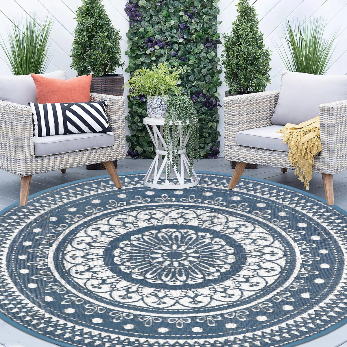 Cekene Extra Grote Outdoor Tapijt Ronde 300Cm Blauw Waterdicht Omkeerbaar Tuin Tapijt Plastic Gemakkelijk Schoon Gebied Vloermat Voor Buiten Patio Tuin RV Trailer Achtertuin Dek Picknick