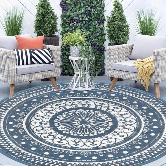 Cekene Extra Grote Outdoor Tapijt Ronde 300Cm Blauw Waterdicht Omkeerbaar Tuin Tapijt Plastic Gemakkelijk Schoon Gebied Vloermat Voor Buiten Patio Tuin RV Trailer Achtertuin Dek Picknick