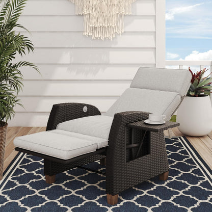 Grand patio Sun lounger with cushion, armrests, aluminium frame, adjustable backrest, rattan, indoor and outdoor use, cream cushion and grey rattan - QUORE