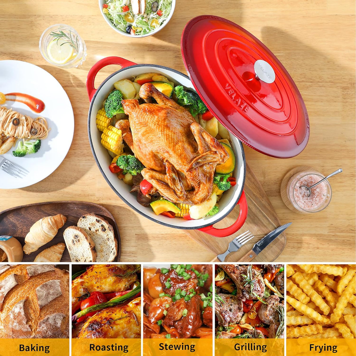Velaze Oval Cast Iron Casserole with Lid 34 cm, 7 Litre Enamel Pan, Bread Pan with Lid, Stew Pan Suitable for All Heat Sources - QUORE