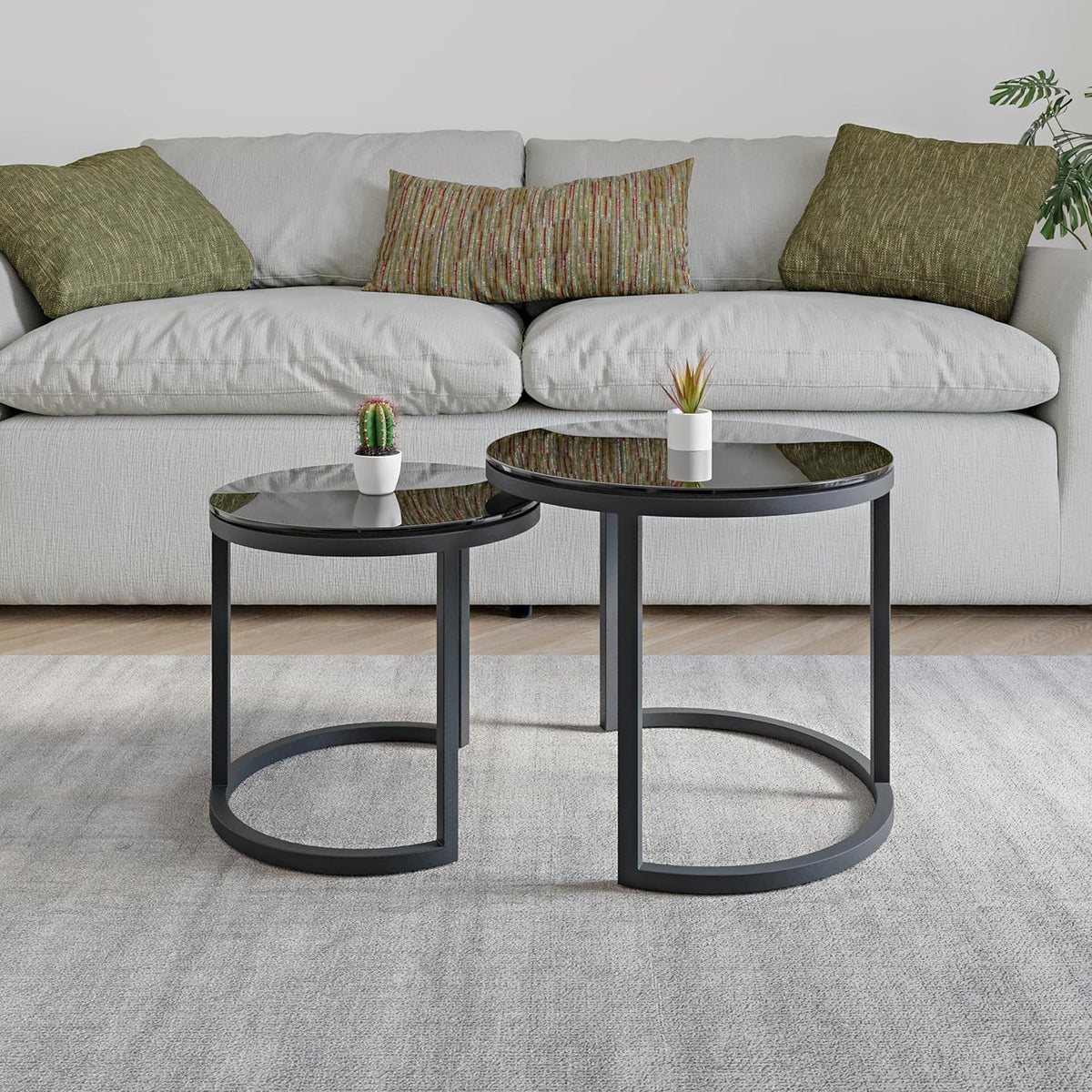 Modena, Set van 2 Salontafels van Gehard Glas en Staal, Handgemaakt in Europa, Bijzettafel, Koffietafel, Coffee Table, Zwart, Ronde, Ø50x43 cm / Ø40x38 cm