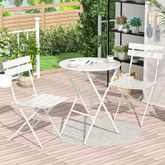 Tuinmeubelset, weerbestendig, balkonmeubelset, 3-delig, voor klein balkon, bistrotafel met 2 stoelen, bistroset, inklapbaar, wit