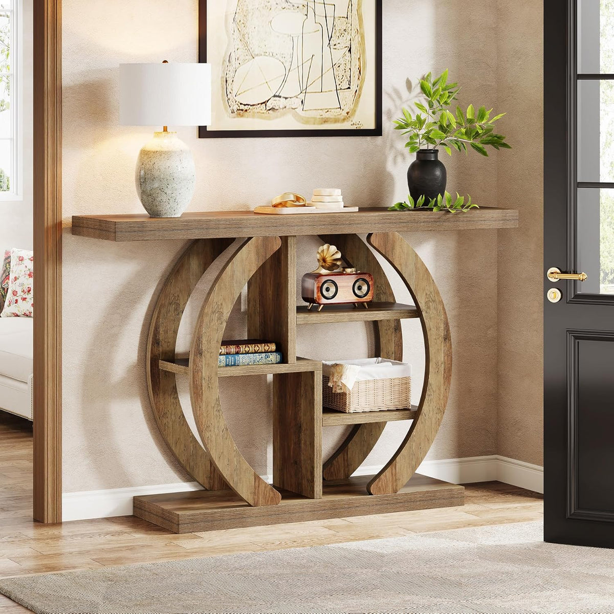 Tribesigns Console Table 108 cm, 4 Step Sofa Table, Entrance Table with Circle Base, Wooden Accent Tables with Storage, Shelves for Living Room, Hallway, Foyer, Light Oak Brown