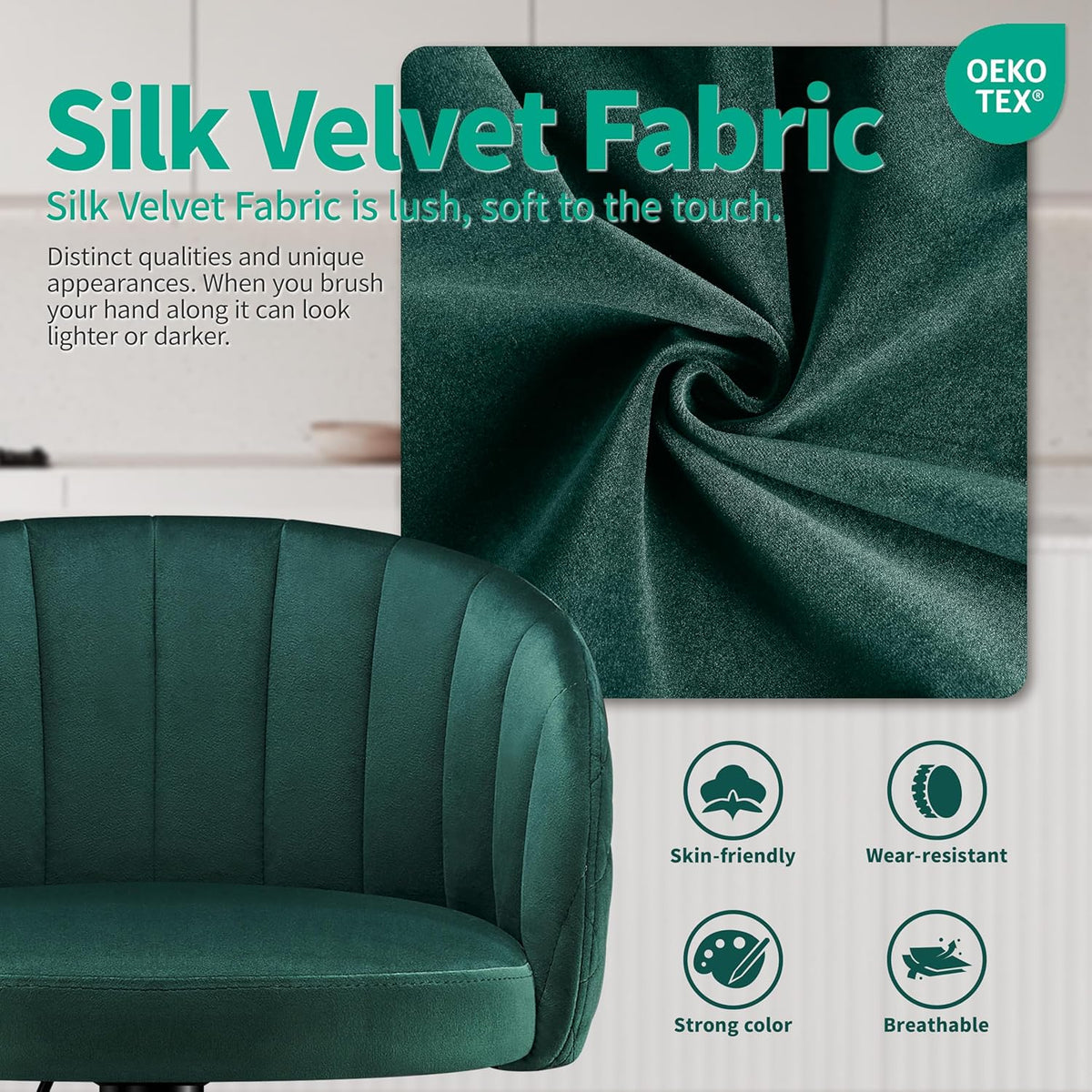 Bar Stool Height Adjustable Set of 2 Bar Stool Milk Velvet Fabric, Bar Chairs with Backrest and Armrest Bar Chair 360° Rotatable, Adjustable Bar Stools, Bar Chair Resilient 150kg-Green - QUORE