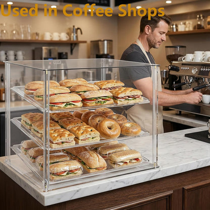 3 Tray Countertop Bakkerij Vitrine met Magnetische Achterdeuren - 52,8 cm x 40 cm x 42,9 cm Acryl Gebak Vitrine met Verwijderbare Trays & Stalen Tang, Voedsel Vitrine voor Donut Brood Cake