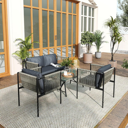 Outsunny Polyrattan Garden Furniture Set with 2-Piece Sofa, Chair, Glass Table, Cushion, Weatherproof, Balcony Furniture for 4 Persons, Outdoor Seating, Patio Furniture for Garden Balcony, Grey - QUORE